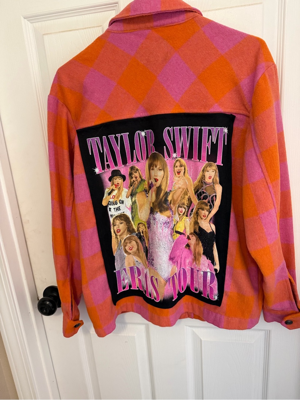 Up cycled Taylor Swift  Bright Pink and Orange Plaid flannel jacket